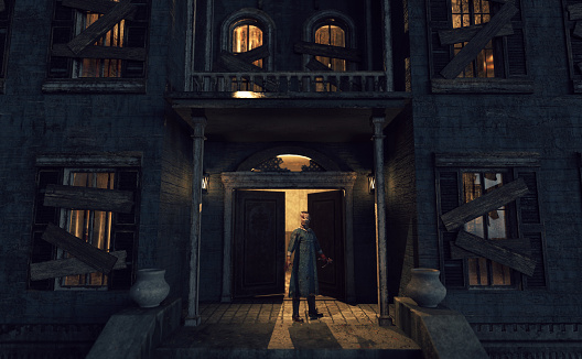 Terrifying bloody dark figure with bandages on his head stands in an illuminated portico in front of an open front door of a dilapidated and abandoned mansion at dusk. 3D render.