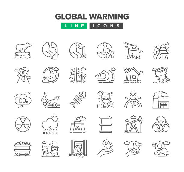 global warming line icon set - flood stock-grafiken, -clipart, -cartoons und -symbole