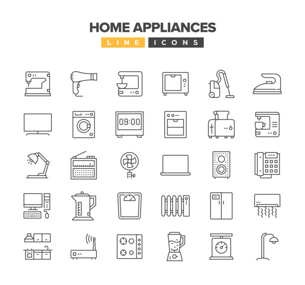 bildbanksillustrationer, clip art samt tecknat material och ikoner med home appliances line icon set - dishwasher cooking