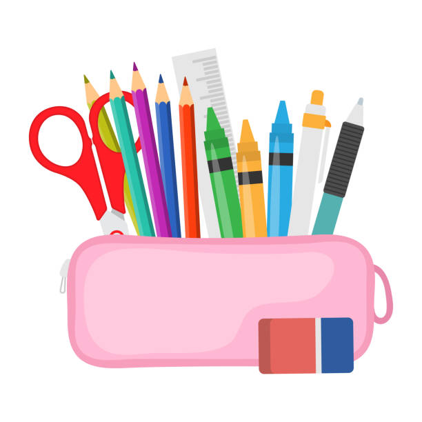открытый пенал, полный канцелярских принадлежностей. розовая сумка с припасами. - scissors red school supplies isolated stock illustrations