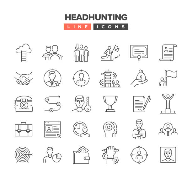 ilustraciones, imágenes clip art, dibujos animados e iconos de stock de conjunto de iconos de línea de caza de cabezas - contraer