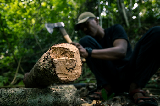 Close up of log while cut using axe | Outdoor traditional cooking while walking on nature.