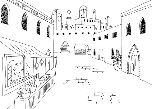 Old arabic street graphic black white town landscape sketch illustration vector
