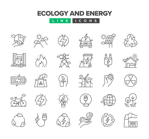 エコロジーとエネルギーラインアイコンセット - alternative energy global warming wind turbine biofuel点のイラスト素材／クリップアート素材／マンガ素材／アイコン素材