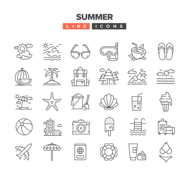 ilustrações de stock, clip art, desenhos animados e ícones de summer line icon set - sign camera travel hiking