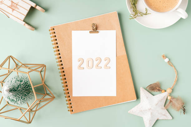 istock Top view Desktop Christmas notepad with 2022 text. Flat lay on green mint table background with planner, cup of coffee, tree brunch, Christmas eco nature decoration, notebook and stationery 1347233515
