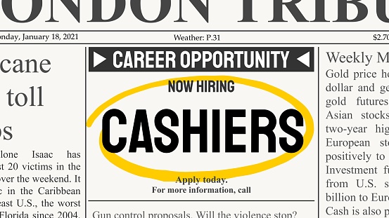 Cashier career. Recruitment offer - job ad. Newspaper classified ad career opportunity.