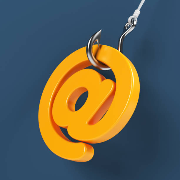 orangefarbenes "at"-symbol und phishing-haken. - phishing fotos stock-fotos und bilder