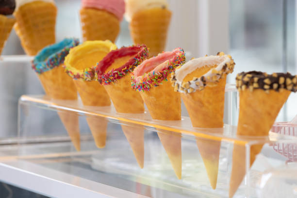 istock Ice cream cone on display of ice cream shop. 1347236481