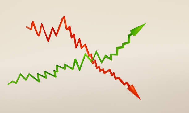 istock Two graphs crossing each other. One chart up and one chart down. Symbol for positive and negative trend. There is place to add text. 3D illustration. 1347236591