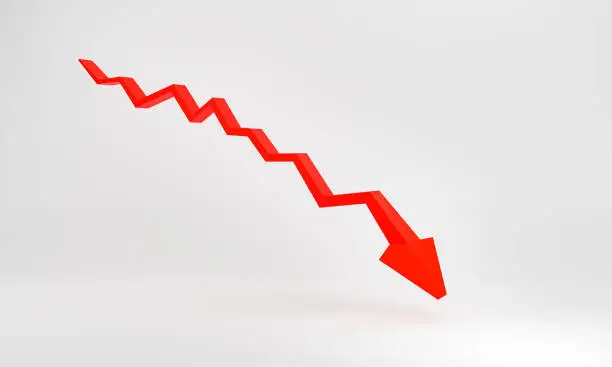 Photo of Falling red graph with arrow. Symbol for negative trend, decreasing growth or dropping market.