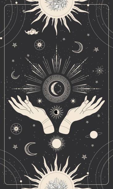 magical hands. two hands, the sun, crescent, stars and moon phases. engraving. - 塔羅牌 插圖 幅插畫檔、美工圖案、卡通及圖標
