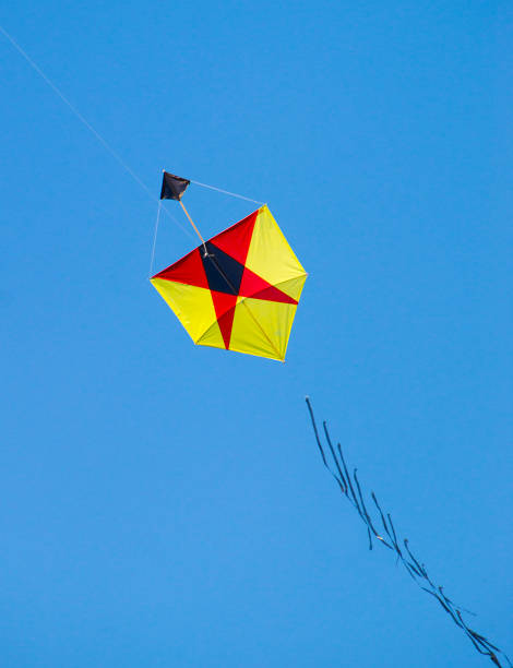 kite with geometric design flying in blue sky