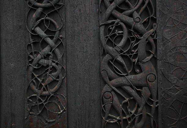 Viking woodcarving art detail stock photo