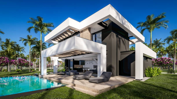 3d рендеринг современного дома в роскошном стиле у моря или океана - luxury villa стоковые фото и изображения