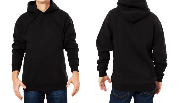 hoodie set mock up - vorder- und rückansicht, schwarzer hoodie isoliert - kapuzenoberteil stock-fotos und bilder