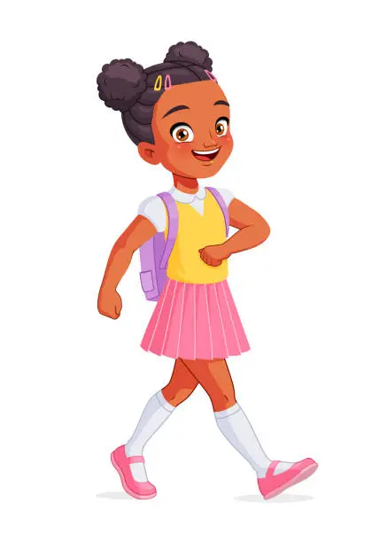Vector illustration of Happy African American girl going to school. Cartoon vector illustration.