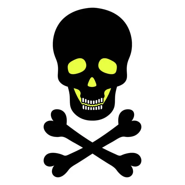 Vector illustration of Skull and crossbones. Silhouette with glowing eyes. Vector illustration. Pirate symbol. Jaw with straight teeth. Hollows instead of eyes and nose. An integral part of the skeleton. Isolated white background.