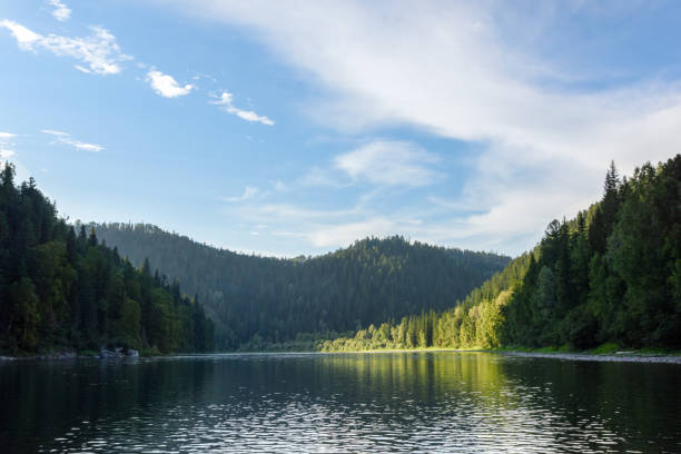 istock Daytime landscape with river, forest and mountains 1347243791