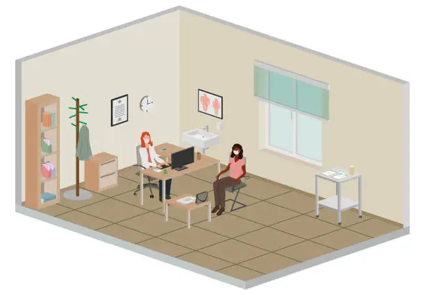 Vector illustration of Patient visiting doctor at hospital isometric perspective