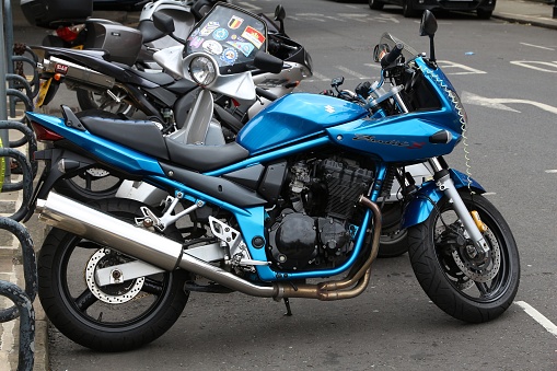 Blue Suzuki Bandit S (GSF1200) sports motorcycle parked in Leeds. It's a four cylinder motorbike.
