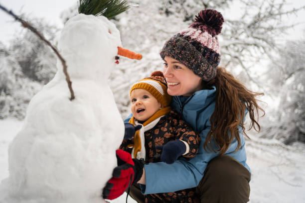 istock Surprised toddler boy, first time seeing the snowman 1347245545