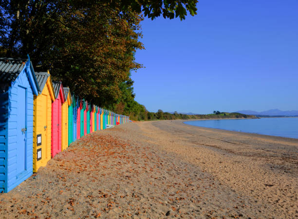 Colourful beach huts Llanbedrog Llyn peninsula Gwynedd Wales between Pwllheli and Abersoch