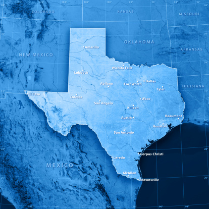 3D render and image composing: Topographic Map of Texas, USA. Including state borders, cities, rivers and accurate longitude/latitude lines. Very high resolution available! High quality relief structure!