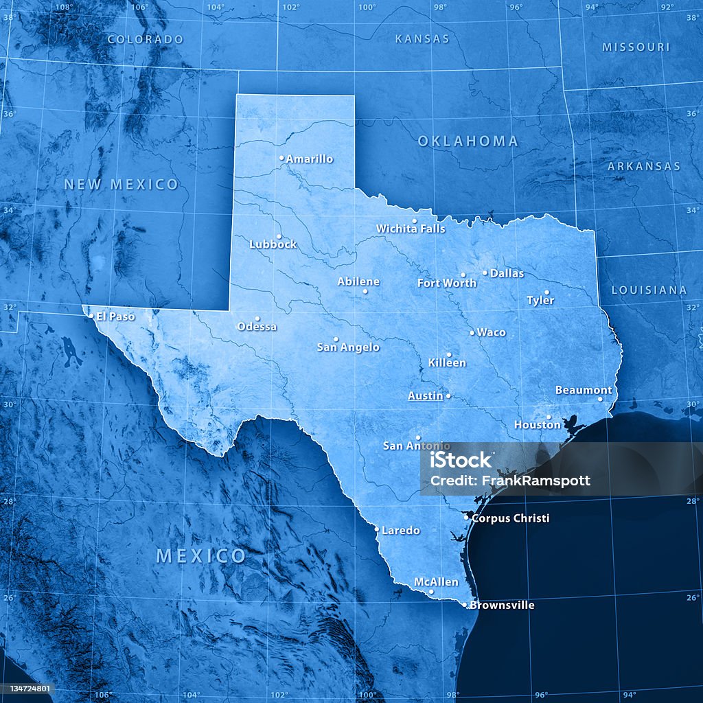 Texas Cities Topographic Map 3D render and image composing: Topographic Map of Texas, USA. Including state borders, cities, rivers and accurate longitude/latitude lines. Very high resolution available! High quality relief structure! Texas Stock Photo