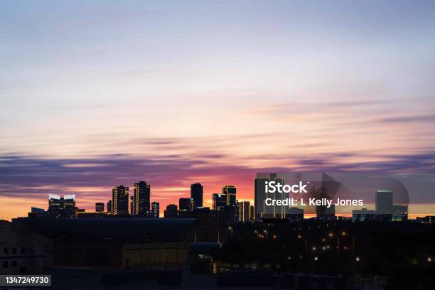 Fort Worth Skyline At Sunrise Stock Photo - Download Image Now - Fort Worth, Urban Skyline, In Silhouette