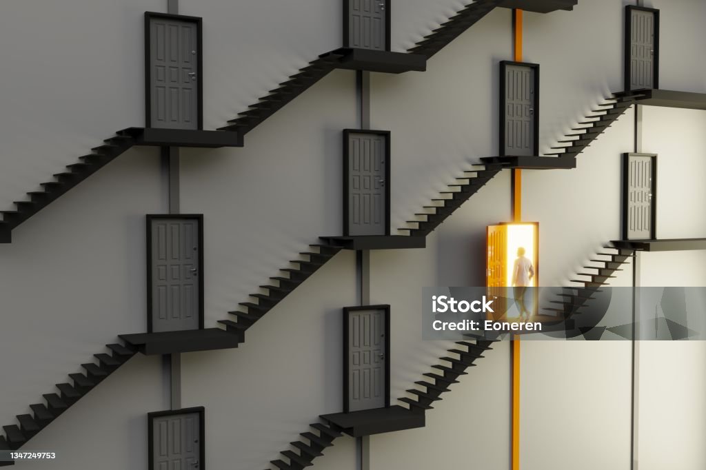 Choice Concept With Doors An abstract staircase and gray colored doors, orange colored one is open and a man going in, symbolizing choice concept. ( 3d render ) Opportunity Stock Photo