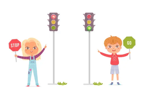 Vector illustration of Blonde children study traffic rules together. Girl holds road sign in her hands, traffic prohibited, boys sign - you can go, they standing on edge of carriageway near traffic lights