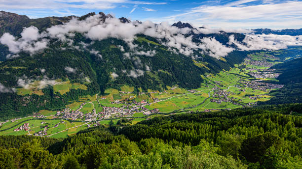 Stubaital valley in the morning with Hoher Burgtall summit in Austria. Stubaital valley in the morning with Hoher Burgtall summit in Austria. neustift im stubaital stock pictures, royalty-free photos & images