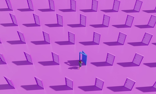 Abstract purple colored doors, blue colored one is open and a woman going in, symbolizing choice concept. ( 3d render )