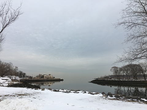 High angle winter view of the Long Island Sound in Glen Island Park, New Rochelle, New York. Winter afternoon light.