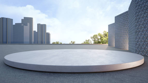 istock Empty concrete floor and round white podium. 1347256291