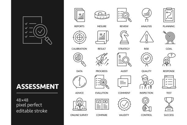 Assessment Line Icon Set. Assessment Vector Drawing Icons on 48px grid with 1px stroke width. Infographics, mobile and web etc. scrutiny stock illustrations