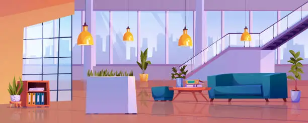 Vector illustration of Business center interior, empty office open space with public place for rest. Vector sofa and table with folders, waiting hall with panoramic windows, loft lamps and ladder upstairs, potted plants