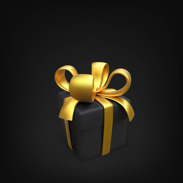 istock Black gift box with gold ribbon in realistic style. 3D box with golden bow. Black friday design element. Surprise package for holiday. Vector 1347259604