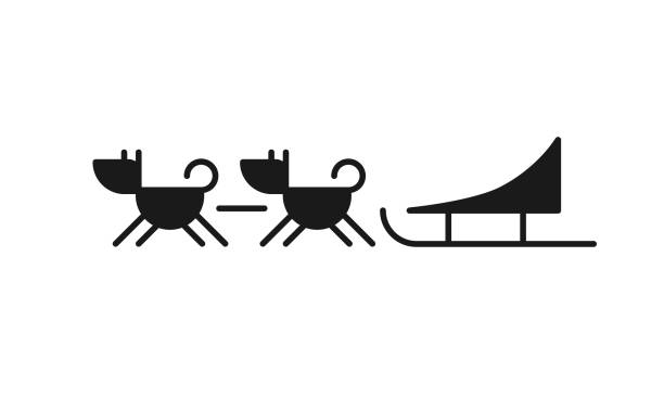 Isolated black icon of dogs with sled on white background. Silhouette of dogsledding. Logo flat design. Winter entertainment. Side view. Isolated black icon of dogs with sled on white background. Silhouette of dogsledding. Logo flat design. Winter entertainment. Side view dogsledding stock illustrations