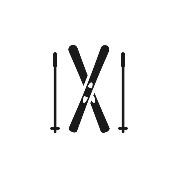 izolowana czarna ikona pary narciarstwa alpejskiego na białym tle. sylwetka pary nart z kijkami narciarskimi. logo płaskie. zimowy sport górski. - narta stock illustrations