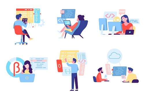 People Programming Software Cartoon Developers Work With Websites Or ...