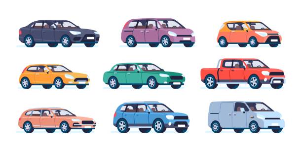 illustrazioni stock, clip art, cartoni animati e icone di tendenza di autovetture. veicoli urbani a colori. trasporto moderno. auto popolari urbane. roadster sportivi. berlina e carro. pick-up e guida hatchback. set di elementi vettoriali del traffico cittadino - land vehicle illustrations