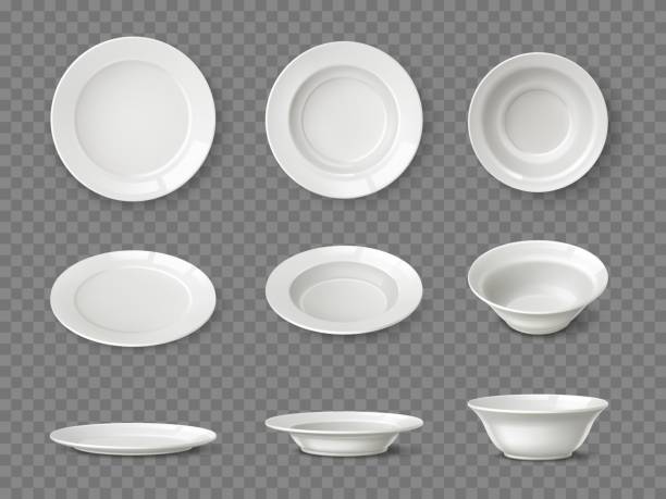 realistic white plates. different view angles ceramic dishes. 3d tableware clear mockup. isolated porcelain bowls. food pottery objects. home or restaurant dishware. vector utensil set - manzaraya bakmak stock illustrations