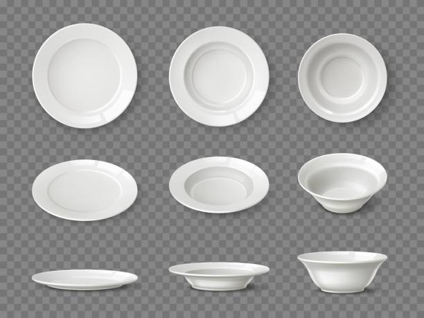 Realistic white plates. Different view angles ceramic dishes. 3D tableware clear mockup. Isolated porcelain bowls. Food pottery objects. Home or restaurant dishware. Vector utensil set Realistic white plates. Different view angles ceramic dishes. 3D tableware clear mockup. Isolated porcelain round bowls. Food pottery objects. Home or restaurant empty dishware. Vector utensil set restaurant table side view stock illustrations