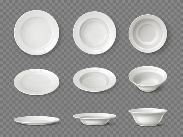 Vector illustration of Realistic white plates. Different view angles ceramic dishes. 3D tableware clear mockup. Isolated porcelain bowls. Food pottery objects. Home or restaurant dishware. Vector utensil set