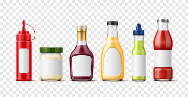 illustrations, cliparts, dessins animés et icônes de bouteilles de sauces réalistes. récipients de condiments liquides 3d isolés. emballage pour ketchup chili et wasabi. pots de mayo et de moutarde avec étiquettes autocollantes vierges. ensemble d’emballages alimentaires vectoriels - mustard bottle sauces condiment