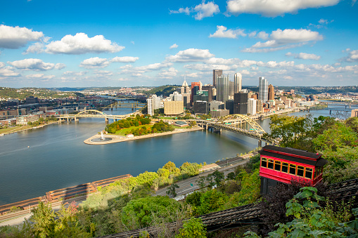 The Duquesne Incline on the hillside of Mt. Washington overlooking downtown Pittsburgh, PA.