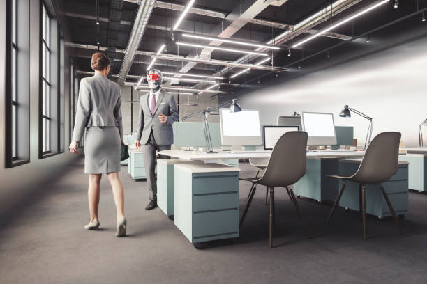 Futuristic office workers walking in the office, 3D generated image.