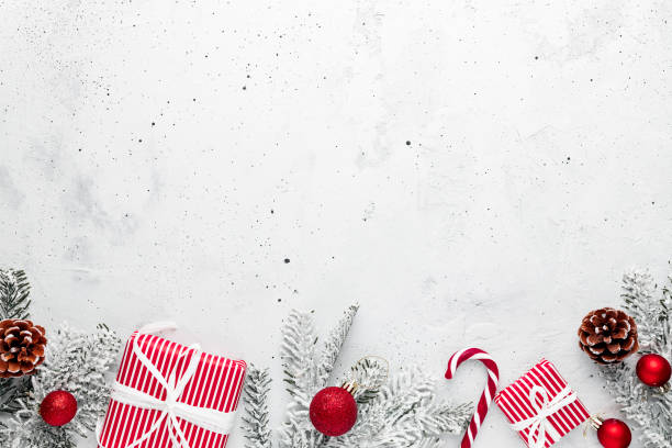 istock Christmas and New Year flat lay with two red white striped present gift boxes 1347263870